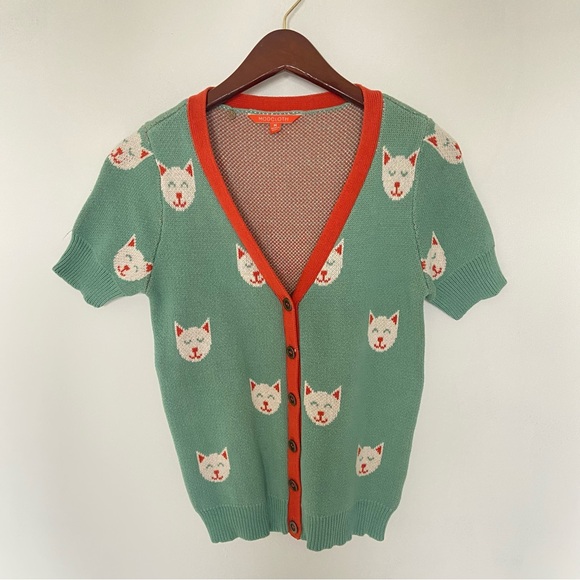 ModCloth 😻 Cat Cardigan 100% Cotton Green Teal with Orange White Accents Kitty S - Picture 2 of 10